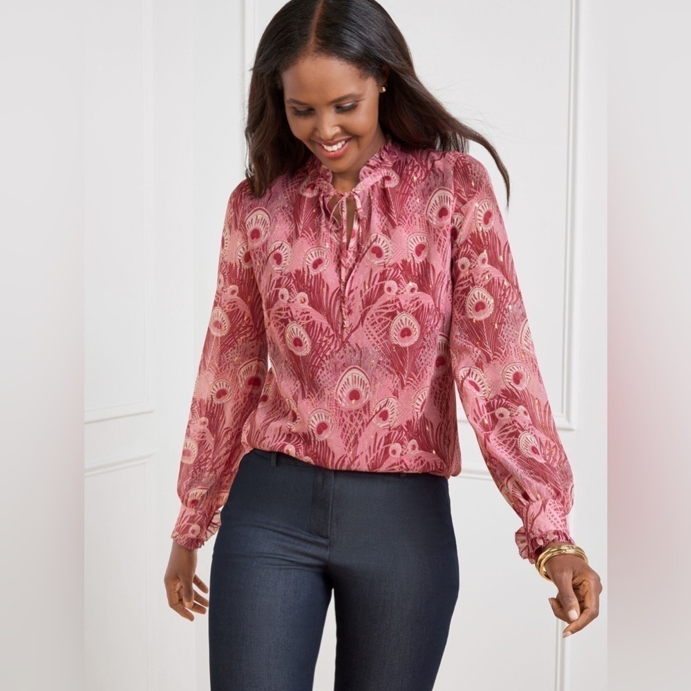 Talbots Size LP Pink Metallic Peacock Feather‎ Heart Long Sleeve Ruffle Blouse